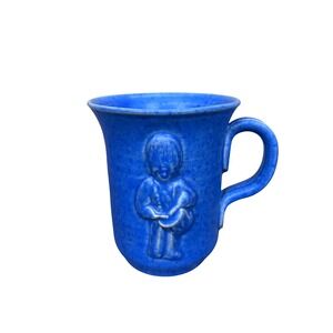 Blue Ceramic Mug Boy Figurine Embossed Textured Stoneware Coffee Cup Vintage